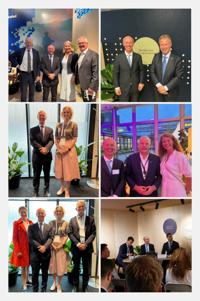 From top left corner to the bottom right corner, the images present: 1. Ole Njærheim, EVP Marketing and Commercial, Petoro; Andrea Stegher, Vice President, IGU; Kristin Kragseth, CEO, Petoro; Pål Rasmussen, Relationship Manager, Gassco; 2. Andrea Stegher, Vice President IGU; Frode Leversund, CEO Gassco; 3. Andrea Stegher, Vice President, IGU; Irene Rummelhoff, EVP Marketing, Midstream and Processing, Equinor; 4. Andrea Stegher, Vice President IGU; Anders Opedal, CEO Equinor; Caroline Middlethon, Manager for Gas and LNG Market Analysis, Equinor; 5. Caroline Middlethon, Manager for Gas and LNG Market Analysis, Equinor; Andrea Stegher, Vice President, IGU; Irene Rummelhoff, EVP Marketing, Midstream and Processing, Equinor; Peder Bjorland, Vice President Marketing and Trading Natural Gas, Equinor; 6. Xavier Rousseau, Strategy Director, Snam; Andrea Stegher, Vice President, IGU; Martin Opdal, Partner, Rystad Energy